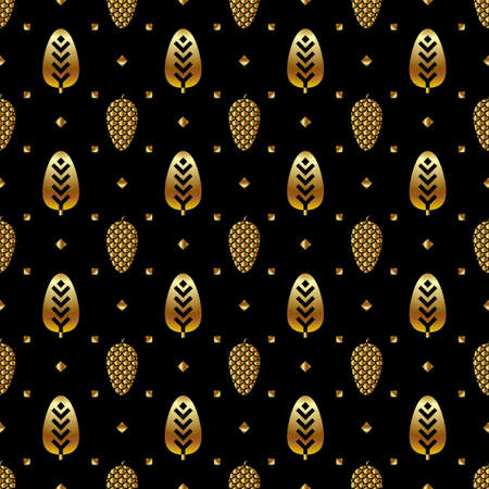 Christmas seamless pattern with golden trees, fir trees and cones on a black background. Gift wrapping paper.のイラスト素材
