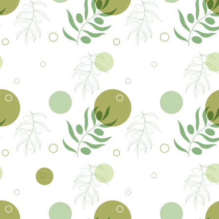 Seamless pattern with olive branches and colored circles on a white background. decorative texture background for textiles, paper, labels. Vector, illustrationのイラスト素材