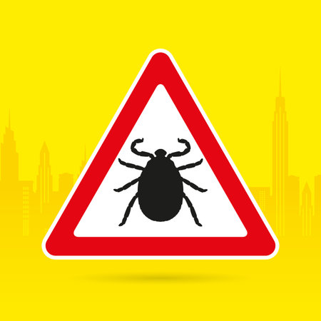 sign Danger on a yellow background with a silhouette of the city! Mite, tick, blood-sucking insect,...