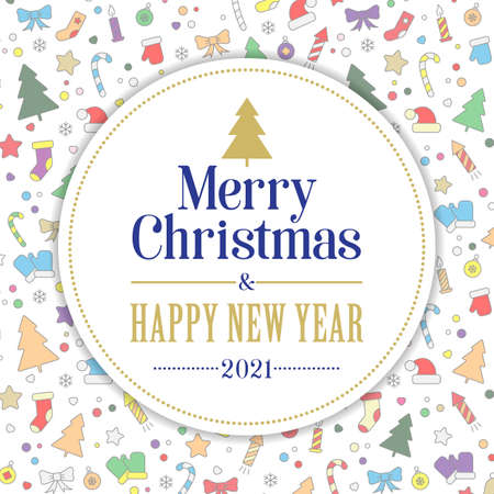 Merry Christmas and Happy New Year card. colorful icons and decor elements on a white background. Vector, illustrationのイラスト素材