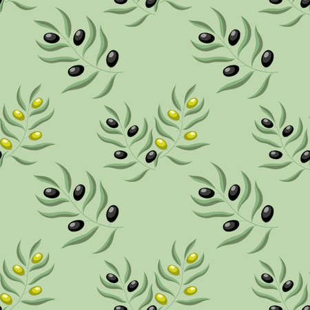 Seamless pattern with olive branches on a green background. Retro decorative texture background for textiles, paper, labels. Vector, illustrationのイラスト素材