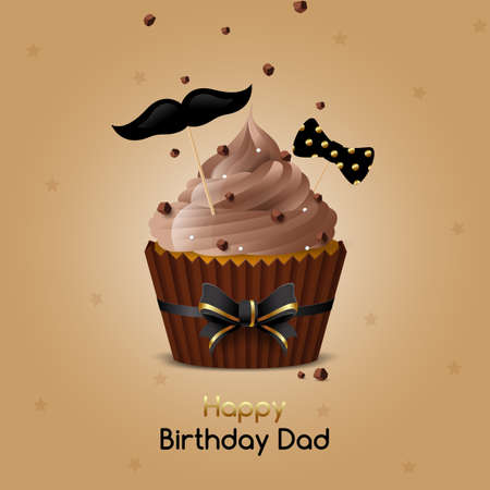 Greeting card Happy Birthday Dad. Chocolate muffin with coffee icing and pieces of chocolate. Vector illustrationのイラスト素材