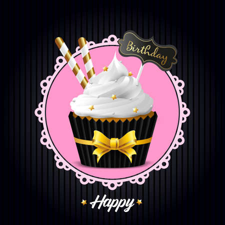 Square banner and sweet cupcake with white icing, wafer tubes on a pink background. Suitable for flyer, gift card. Vector illustrationのイラスト素材