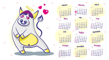 Calendar 2021. Loving bull with a halo on his head, a symbol of the new year, a cartoon animal. Vector illustrationのイラスト素材