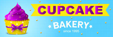 Blue cupcake bakery banner. Cake, cupcake with cream. Suitable for posters, advertisements, announcements, labels, menus for cafes and restaurants. Vector illustrationのイラスト素材