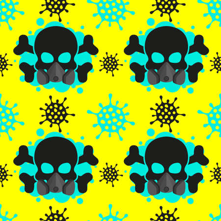seamless pattern of skulls with crossbones in a respirator and symbols of virus, coronavirus, COVID-19 on a blue background. Vector illustrationのイラスト素材