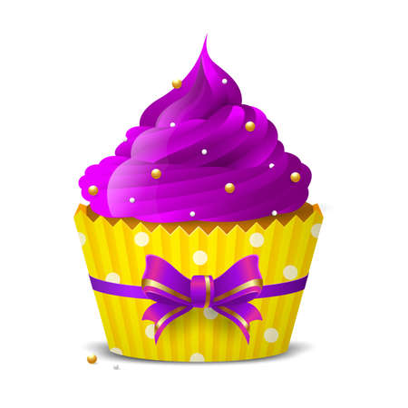 Sweet cupcake with purple icing decoration of golden balls on a white background. isolated object. Vector illustrationのイラスト素材
