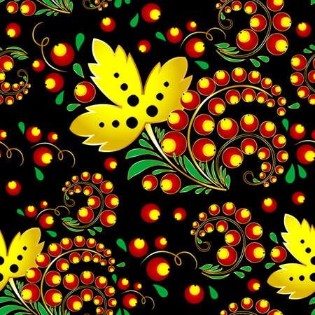 Russian seamless patterns in folk floral tradition with currants on a black background. Design for wrapping paper, textile. Vector illustrationのイラスト素材