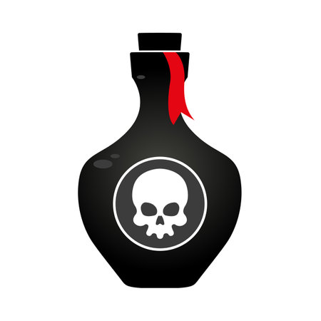 Black bottle of poison with a sticker of a white skull on a white background. Isolated object. Vector illustrationのイラスト素材
