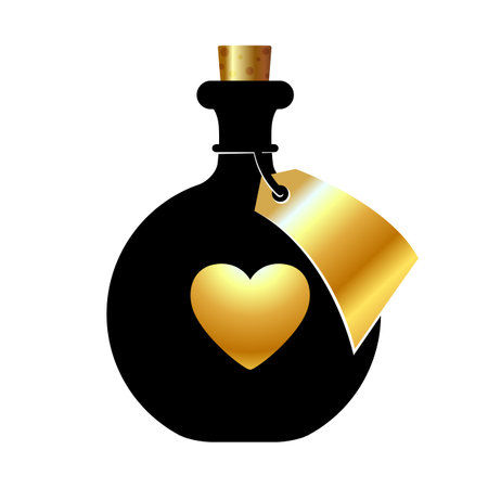 Bottle with a golden heart and a tag on a white background. Magic elixir of love or poison. Isolated object. Vector illustrationのイラスト素材