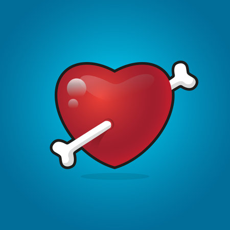 Red heart and bone on a blue background. A bone instead of an arrow is Cupid, a symbol of love. Valentine's day concept. Vector, illustrationのイラスト素材