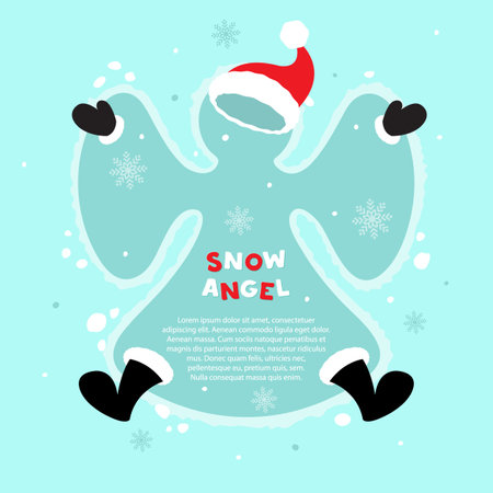 Snow angel and santa claus clothes left in the snow. Cheerful banner with space for text. Copy space. Vector, illustrationのイラスト素材