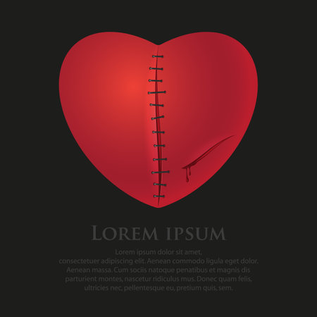 Stitched red heart and wound with stitches on a black background. A symbol of broken love and a wound in the soul. Banner with space for text. Vector, illustrationのイラスト素材