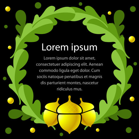 three golden acorns and a round frame of oak leaves on a black background. Banner with space for text. Vector, illustrationのイラスト素材