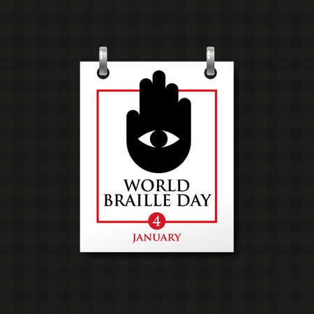calendar sheet with the inscription, world braille day, january 4 th. Hand with an eye as a symbol of visually impaired people. Vector, illustrationのイラスト素材