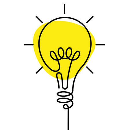 lamp with yellow light drawn in a continuous line on a white background. Vector, illustrationのイラスト素材