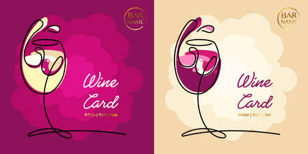 Red and white wine list template. Abstract glass of wine is drawn with a continuous line. Menu concept for a bar or restaurant. Vector, illustrationのイラスト素材
