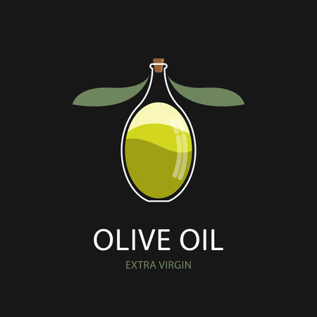 Green olive in a glass bottle with green leaves on a black background. Design concept for logos and labels for virgin oil packaging. Vector, illustrationのイラスト素材