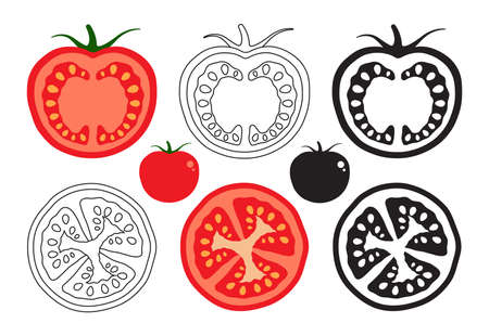 set of cut tomatoes into slices in different styles on a white background. Isolated object.のイラスト素材