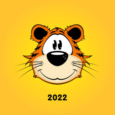 Cartoon face of a cute tiger with a smile. Tiger head on a yellow background. Symbol of the year 2022. Vector, illusionのイラスト素材