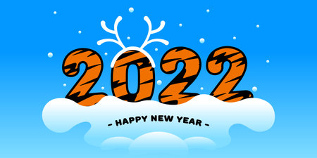 Happy New Year 2022, a symbol of a tiger in China and East Asia. Figures in tiger skins texture on blue background and snow. Greeting card concept, invitations, brochures, calendar. Vectorのイラスト素材