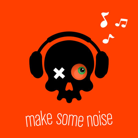Logo or emblem, Skull in headphones, make some noise on an orange background. Vector, illustrationのイラスト素材