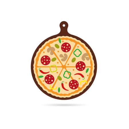 Pizza on a round board, ingredients for a pizzeria on a board, slices of food. Eat delicious Italian pizza. Vector, illustrationのイラスト素材