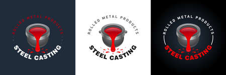 Set of logos, metal casting. Cast iron ladle and outflowing molten metal. The concept of mining and processing of metals. Vector, illustrationのイラスト素材