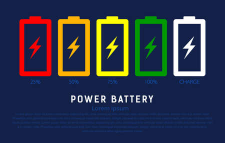 battery with different charge levels on a dark background with a place for text. Battery indicator, charge signs, wireless charging energy. Vector, illustrationのイラスト素材