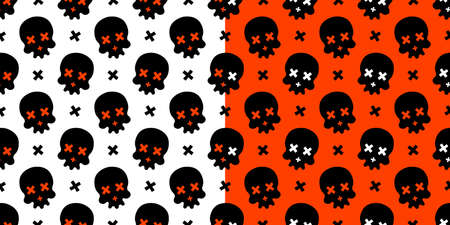 Skulls on an orange and white background. Halloween seamless pattern for t-shirts or packaging. Vector, illustrationのイラスト素材