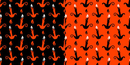 burning candles on an orange and black background. Halloween seamless pattern for t-shirts or packaging. Vector, illustrationのイラスト素材