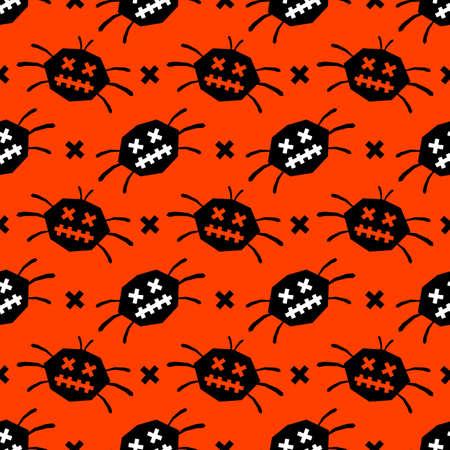 Abstract spiders on an orange background. Halloween seamless pattern for t-shirts or packaging. Vector, illustrationのイラスト素材