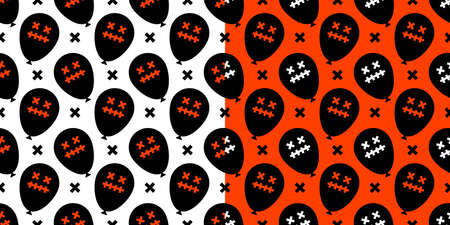 balloons of black color with emotions on an orange and white background. Halloween seamless pattern for t-shirts or packaging. Vector, illustrationのイラスト素材