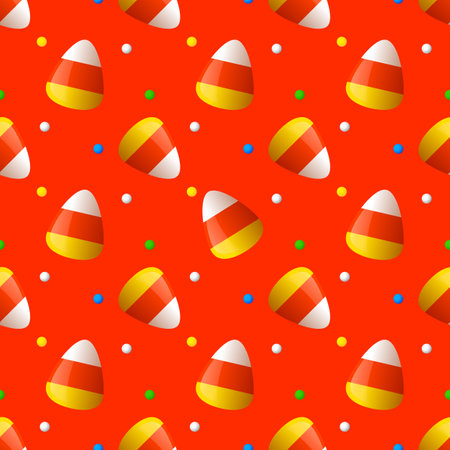 Set of candy corn on an orange background. Halloween seamless pattern for t-shirts or packaging. Vector, illustrationのイラスト素材