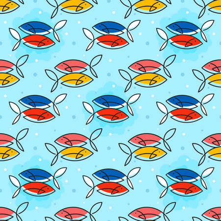 Colorful fish on a blue background. Fish line. Seamless pattern with cute decorative fish for packaging design, textiles. Sea backgroundのイラスト素材
