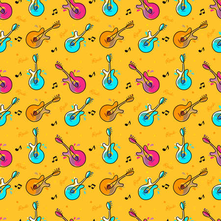 Colorful guitars on a yellow background. Seamless pattern with musical instrument for packaging design, textiles. Music backgroundのイラスト素材