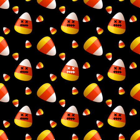 Set of candy corn with emotions on a black background. Halloween seamless pattern for t-shirts or packaging. Vector, illustrationのイラスト素材