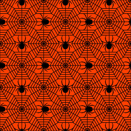 black spiders with cobwebs on an orange background. Halloween seamless pattern for t-shirts or packaging. Vector, illustrationのイラスト素材