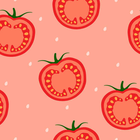 Tomato slices and seeds on a pink background. Vegetable design for printing on textiles, packaging. Seamless background. Vector, illustrationのイラスト素材
