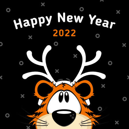 Cartoon tiger with Christmas deer antlers on a black background. Happy new year banner. Vector, illustrationのイラスト素材
