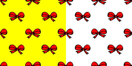Red ribbons on white and yellow background. Two seamless backgrounds. Seamless pattern for printing on textiles, packaging. Vector, illustrationのイラスト素材