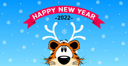 Funny mask with Christmas deer antlers on the head of a cartoon tiger on a blue background with white snowflakes. Happy new year banner. Vector, illustrationのイラスト素材