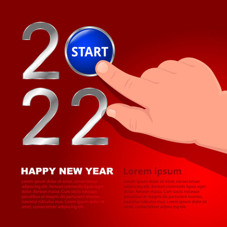 Concept banner Happy New Year 2022 on red photo. Childs hand presses the blue Start button. Design for your greeting card or party invitation. Vector, illustrationのイラスト素材