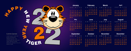 Calendar happy new year tiger, symbol of 2022 on blue background. Vector, illustrationのイラスト素材