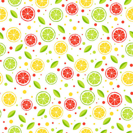 Seamless background. Citrus slices of lime, lemon, red orange and green leaves on a white background. Banner for printing on textiles, packaging. Vector, illustrationのイラスト素材