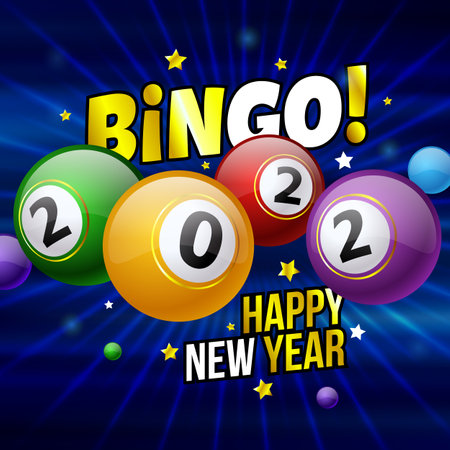 Bingo 2022 square banner. Colored billiard balls on a blue background. The concept of the holiday, games and Happy New Year. Vector, illustrationの写真素材