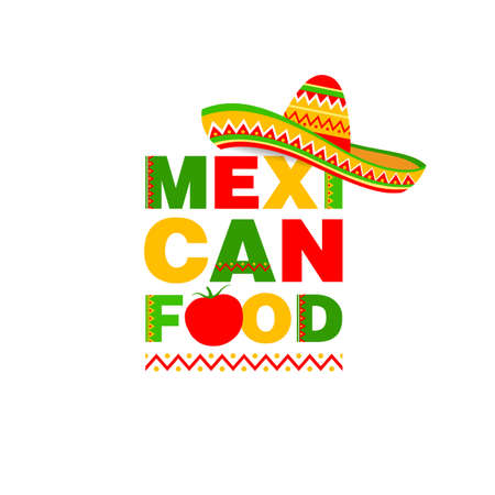 Colorful text, Mexican food with Mexican hat on a white background. The concept of Mexican food, food. Vector, illustrationのイラスト素材