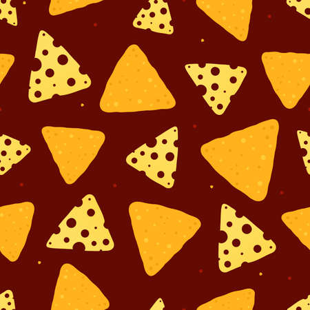 Background with nachos and a slice of cheese on a red background. Seamless pattern for textile, cover, banner or packaging for the holiday. Vector, illustrationのイラスト素材