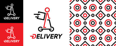 Courier with a backpack on an electric scooter. fast express delivery service logo. Seamless pattern with patterns on a white background. Vector, illustrationのイラスト素材