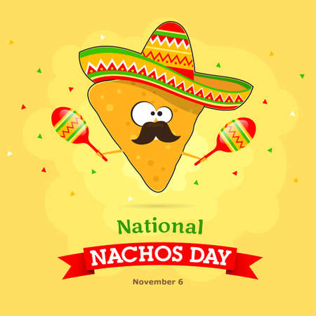 Cartoon nachos in a Mexican hat and maracas in his hands. Concept for a banner for the national holiday, Nachos Day. Vector, illustrationのイラスト素材